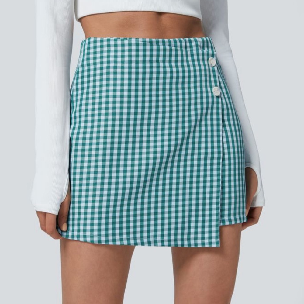 NWT HALARA High Waist Gingham 2 in 1 Wrap Lined Skirt